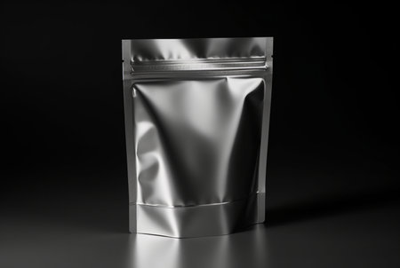Blank foil food bag isolated on black background. generative aiの素材
