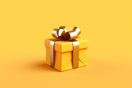 Gift box with golden satin ribbon and bow on yellow background. Holiday gift with copy space. generative aiの素材