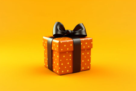 Gift box with golden satin ribbon and bow on yellow background. Holiday gift with copy space. generative aiの素材