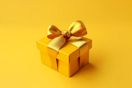 Gift box with golden satin ribbon and bow on yellow background. Holiday gift with copy space. generative aiの素材