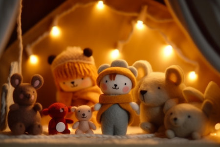 Handmade felt toys above the newborn crib with light garland in the night. generative aiの素材