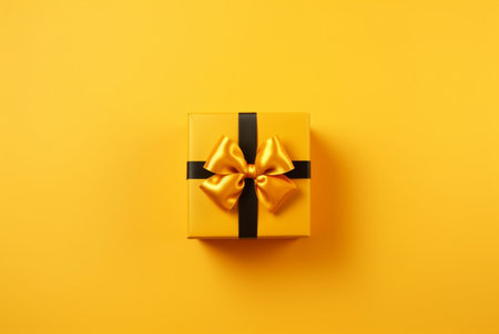 Gift box with golden satin ribbon and bow on yellow background. Holiday gift with copy space. generative aiの素材