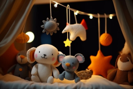 Handmade felt toys above the newborn crib with light garland in the night. generative aiの素材