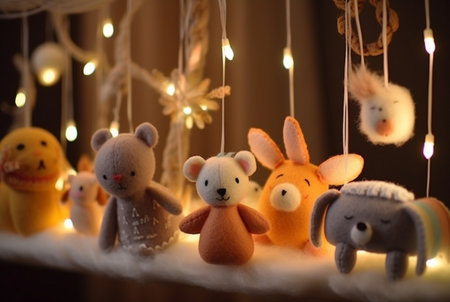 Handmade felt toys above the newborn crib with light garland in the night. generative aiの素材