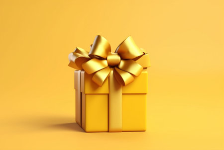 Gift box with golden satin ribbon and bow on yellow background. Holiday gift with copy space. generative aiの素材