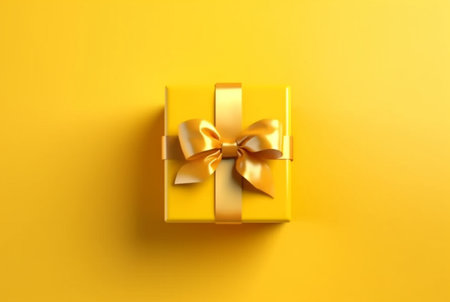 Gift box with golden satin ribbon and bow on yellow background. Holiday gift with copy space. generative aiの素材