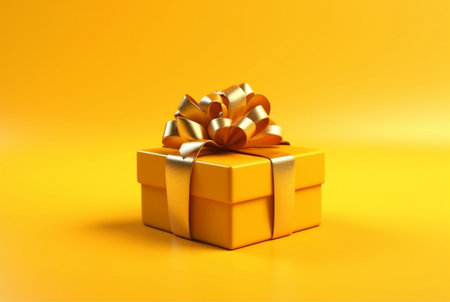 Gift box with golden satin ribbon and bow on yellow background. Holiday gift with copy space. generative aiの素材
