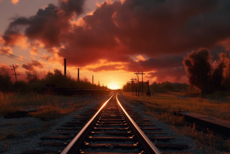 railroad with beautiful sunset, generative aiの素材