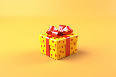 Gift box with golden satin ribbon and bow on yellow background. Holiday gift with copy space. generative aiの素材