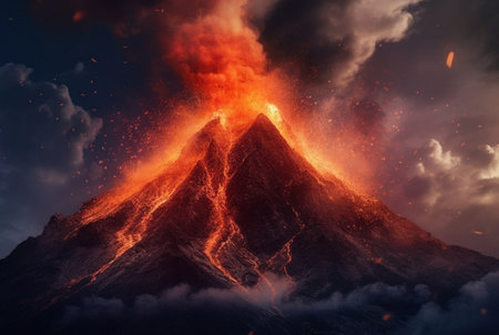 Volcanic eruptions. Lava flows down the slope. generative aiの素材