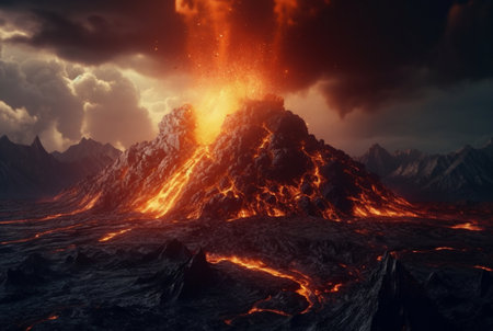 Volcanic eruptions. Lava flows down the slope. generative aiの素材