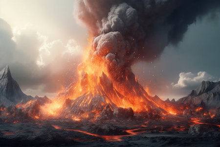 Volcanic eruptions. Lava flows down the slope. generative aiの素材