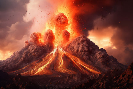 Volcanic eruptions. Lava flows down the slope. generative aiの素材