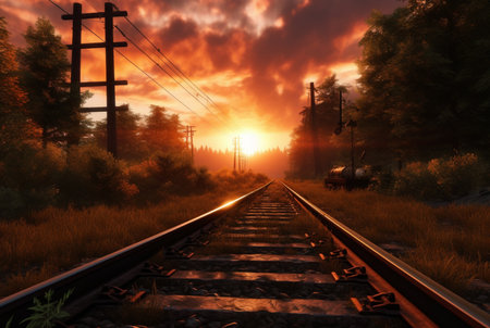 railroad with beautiful sunset, generative aiの素材