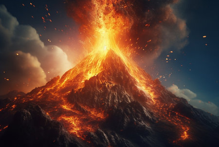 Volcanic eruptions. Lava flows down the slope. generative aiの素材