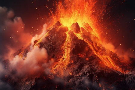 Volcanic eruptions. Lava flows down the slope. generative aiの素材