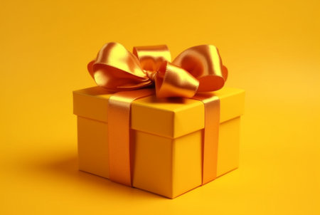 Gift box with golden satin ribbon and bow on yellow background. Holiday gift with copy space. generative aiの素材