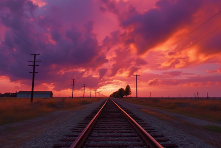 railroad with beautiful sunset, generative aiの素材