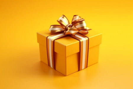 Gift box with golden satin ribbon and bow on yellow background. Holiday gift with copy space. generative aiの素材