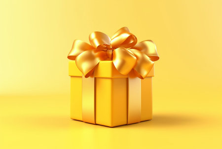 Gift box with golden satin ribbon and bow on yellow background. Holiday gift with copy space. generative aiの素材