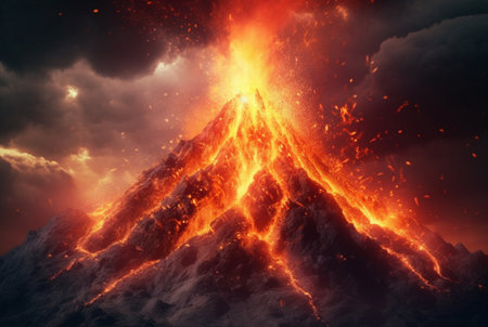 Volcanic eruptions. Lava flows down the slope. generative aiの素材