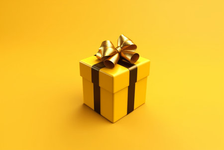Gift box with golden satin ribbon and bow on yellow background. Holiday gift with copy space. generative aiの素材
