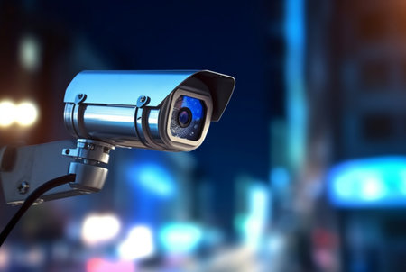 Security camera in modern building. CCTV with blurred background of city lights. Security system, technology. generative aiの素材