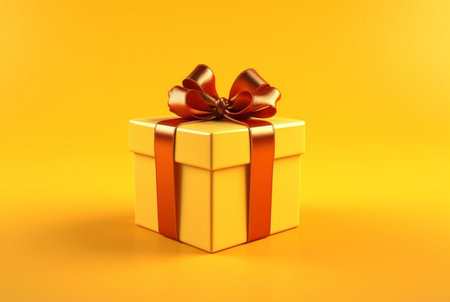 Gift box with golden satin ribbon and bow on yellow background. Holiday gift with copy space. generative aiの素材