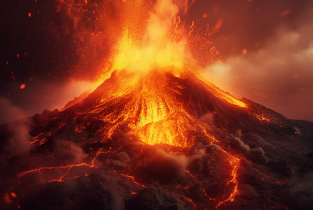 Volcanic eruptions. Lava flows down the slope. generative aiの素材