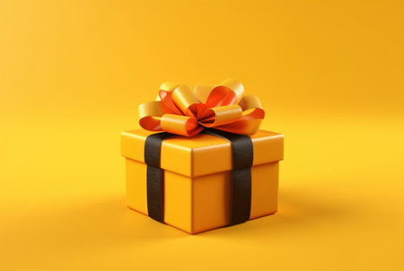 Gift box with golden satin ribbon and bow on yellow background. Holiday gift with copy space. generative aiの素材
