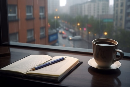 book,pen with a cup of coffee by the window with the beauty of the city view. generative aiの素材