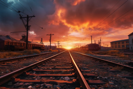 railroad with beautiful sunset, generative aiの素材