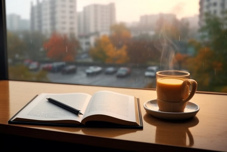 book,pen with a cup of coffee by the window with the beauty of the city view. generative aiの素材
