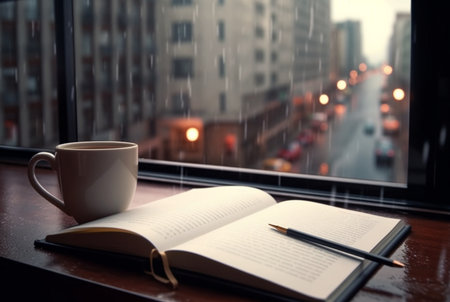 book,pen with a cup of coffee by the window with the beauty of the city view. generative aiの素材