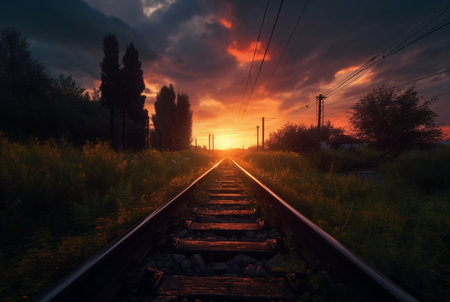 railroad with beautiful sunset, generative aiの素材