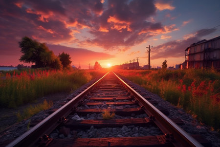 railroad with beautiful sunset, generative aiの素材