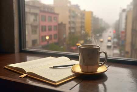 book,pen with a cup of coffee by the window with the beauty of the city view. generative aiの素材