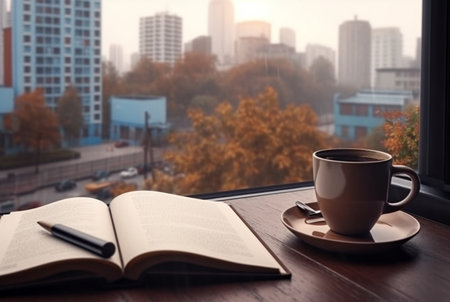 book,pen with a cup of coffee by the window with the beauty of the city view. generative aiの素材