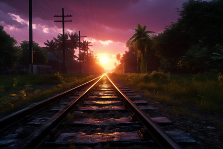 railroad with beautiful sunset, generative aiの素材