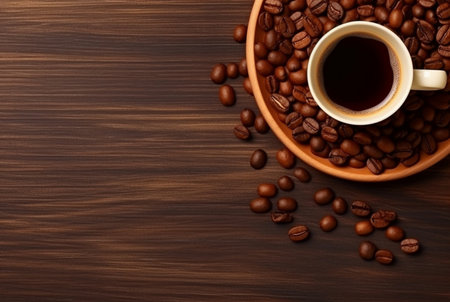 Top view of cup of coffee with coffee beans on wooden table with copy space. generative aiの素材