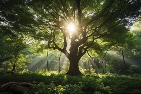 the beauty of the morning sun between the big trees in the middle of the forest. generative aiの素材