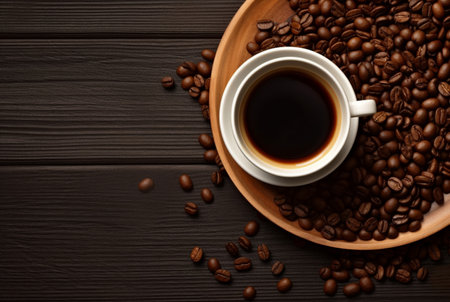 Top view of cup of coffee with coffee beans on wooden table with copy space. generative aiの素材
