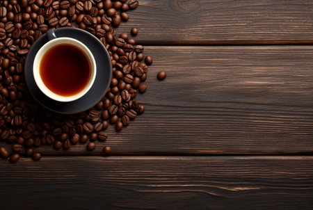 Top view of cup of coffee with coffee beans on wooden table with copy space. generative aiの素材