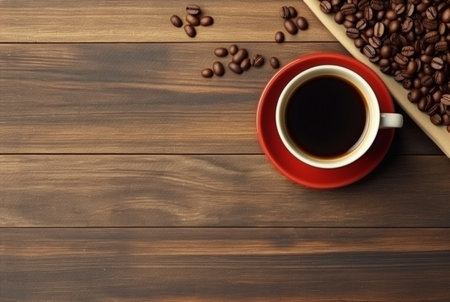 Top view of cup of coffee with coffee beans on wooden table with copy space. generative aiの素材