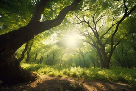 the beauty of the morning sun between the big trees in the middle of the forest. generative aiの素材