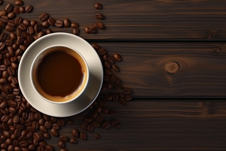 Top view of cup of coffee with coffee beans on wooden table with copy space. generative aiの素材