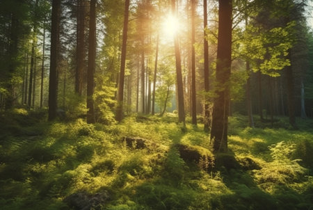 the beauty of the morning sun between the big trees in the middle of the forest. generative aiの素材