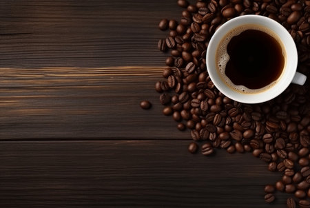 Top view of cup of coffee with coffee beans on wooden table with copy space. generative aiの素材
