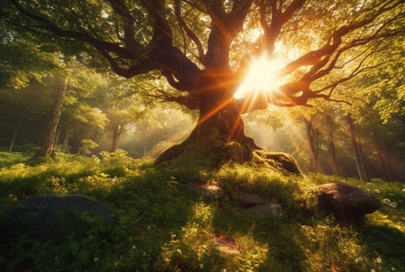 the beauty of the morning sun between the big trees in the middle of the forest. generative aiの素材