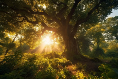 the beauty of the morning sun between the big trees in the middle of the forest. generative aiの素材